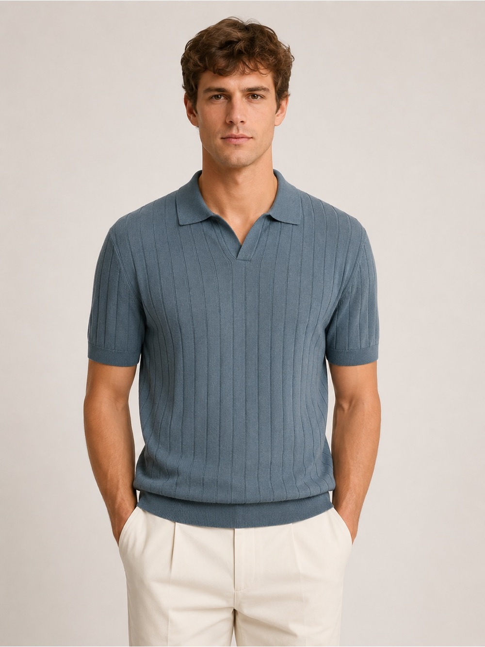 Ruxen Blue Ribbed Knit Short Sleeve Polo Sweater 2XL New With Tags